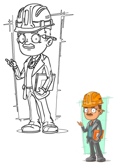 Cartoon man wearing a hard hat, suit, and holding a binder. He is also carrying a pencil behind his ear, for taking notes.