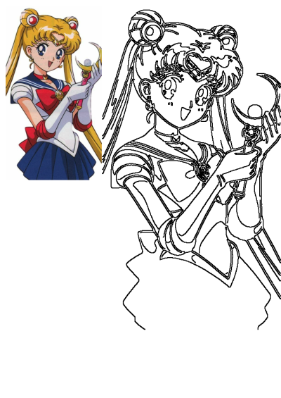 Sailor Moon, anime character with blonde hair and blue eyes. She is holding her moon stick in her hands. The moon stick has a moon on top.