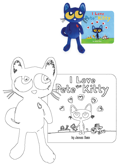 A blue cat with yellow eyes is next to an i love pete the kitty book, featuring a plush and the book cover. 