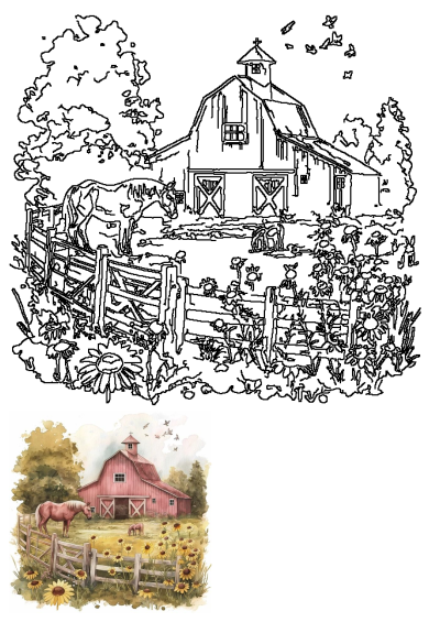 a watercolor painting of a horse and its foal in front of a barn