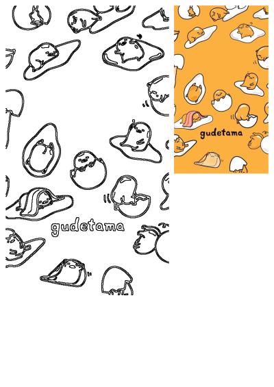An orange background with eggs and hams on it, the words gudetama written in. It features a pattern of the lazy egg character.