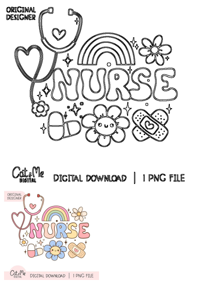 The word 'Nurse' is surrounded by flowers, hearts, stethoscope, and other medical-related items in pastel colors. Cute digital art design.