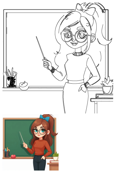 Cartoon girl, a teacher with glasses, stands near a blackboard with an apple and pencils.  Ideal for school materials and education.