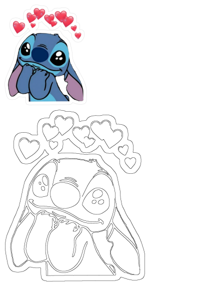 Sticker of Stitch from Disney's 'Lilo & Stitch' with hearts above him. Cute and loving image.