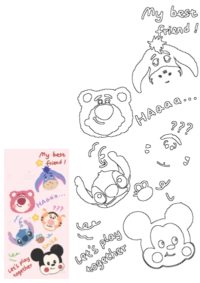 Cartoon characters like Mickey Mouse, Tigger and Eeyore with the words 'My best friend', 'Smile' on a pink background. Image of cartoon best friends.