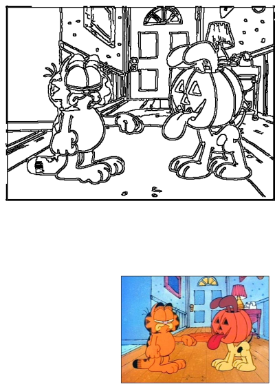 Garfield looking unimpressed at Odie wearing a pumpkin costume. Halloween themed cartoon scene, featuring Garfield and Odie the dog.