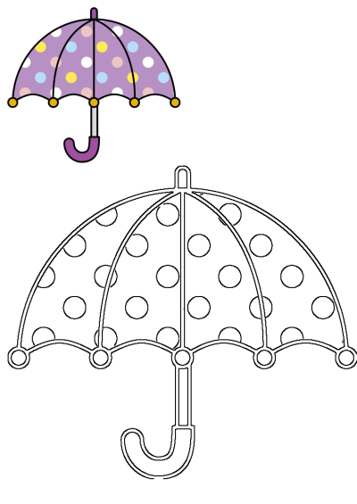 Cartoon illustration of a purple umbrella with colorful polka dots, perfect for rain or weather-related designs, use as clip art