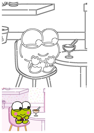 Cartoon image of Keroppi sitting in a pink chair with dessert on a table. Cute cartoon character in a pastel-themed room.