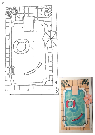 Illustration of a swimming pool with turquoise water, a life ring, a slide, a ladder, an umbrella and a towel. 
