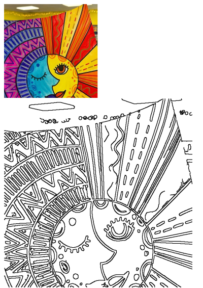 A vibrant painting depicting a sun and moon, seen on display in a store. Artwork featuring celestial bodies with bold colors and patterns.