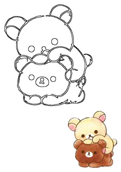 Adorable watercolor illustration of two cute Rilakkuma bears hugging. A brown bear is embraced by a light yellow bear in a loving scene.