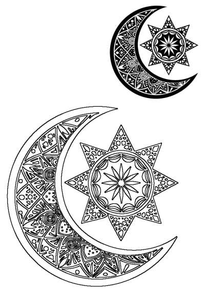 Image of a crescent with a star. The crescent has an intricate design on its side, and the star is centered within the crescent shape.