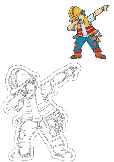 Cartoon image of a construction worker with tools doing the dab pose. The worker is pointing in the background. 