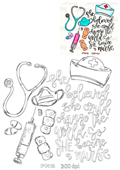 Nurse SVG file for Cricut, EPS, and PNG. Medical SVG featuring stethoscope, mask, syringe, pills, and 'She became a nurse' quote.