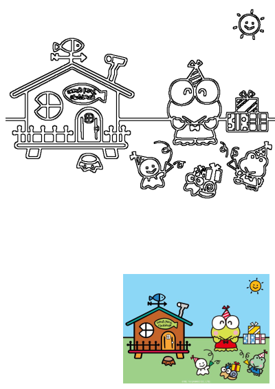 Cartoon image featuring Keroppi and friends celebrating in front of the Donut Pond Clubhouse, with presents and balloons on the ground.