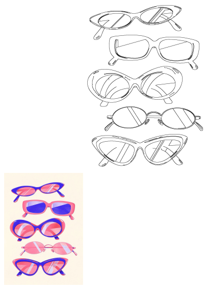 Drawing of four pairs of pink and blue sunglasses, each with different shades. Stylish eyewear art for summer and sun protection.