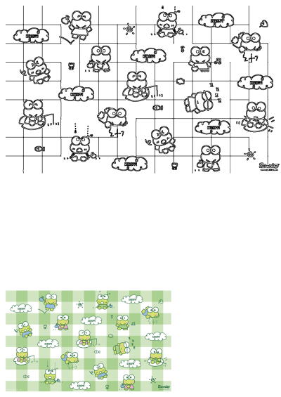 A cute Keroppi the frog pattern on a green and white checkered background, showcasing various activities. Perfect for Sanrio fans.