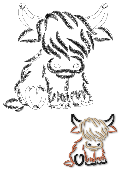 Highland Cow Sketch Embroidery Machine Design Instant Download Digital File in PES. A cute animal embroidery pattern.