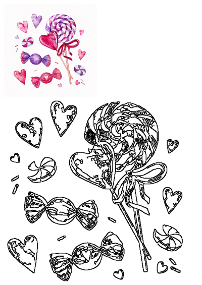 Watercolor image of two lollipops, heart candies and loose hearts scattered on a clean white background. Sweet treats for Valentine's Day.