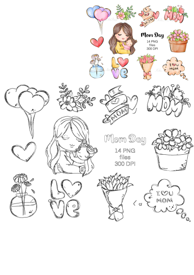 Mother's Day clipart: illustration of mom with baby, flowers, balloons, hearts. Creative digital art for Mothers Day.