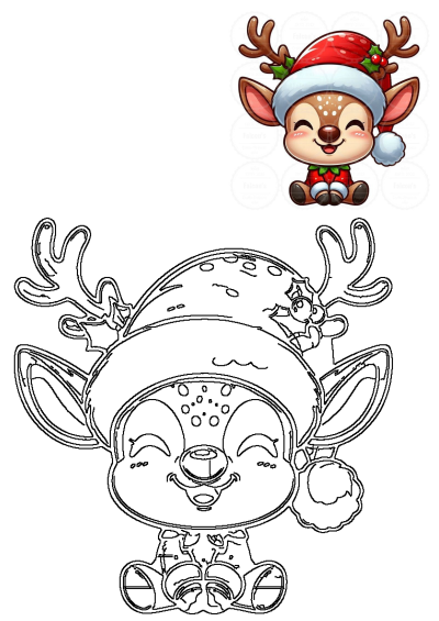 Adorable baby reindeer wearing a Santa hat with holly, featuring both a colorful clipart and a black outline for crafts.