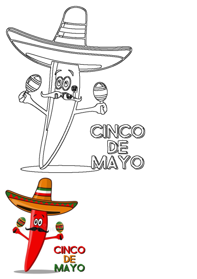 Celebrate Cinco de Mayo with a fun cartoon image of a red chili pepper wearing a sombrero and playing maracas for the holiday.