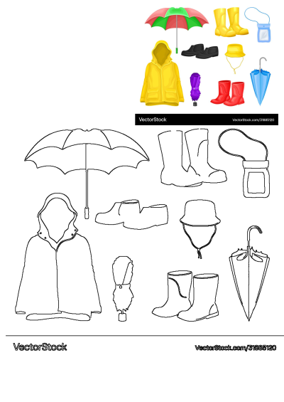 A collection of various colorful rain gear items on a white background that include red and yellow boots, umbrellas and a yellow raincoat.