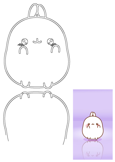 Cute cartoon illustration of a Molang bunny character against a light purple background, complete with a reflection. 