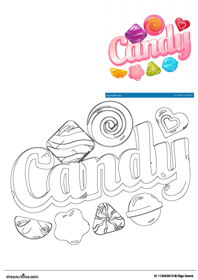 The word 'Candy' is surrounded by colorful candies and lollipops, creating a sweet and playful illustration. Perfect for candy themes.