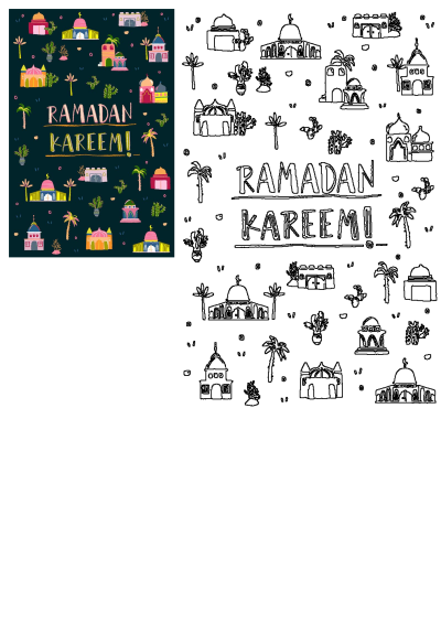 Ramadan Kareem greeting card features colorful buildings and palm trees. Celebratory design for the Islamic holiday with festive illustrations.
