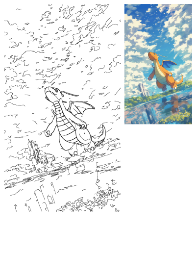 Animated image of Dragonite from Pokemon flying over the water with a blue sky and fluffy white clouds behind. Majestic Pokemon scene.