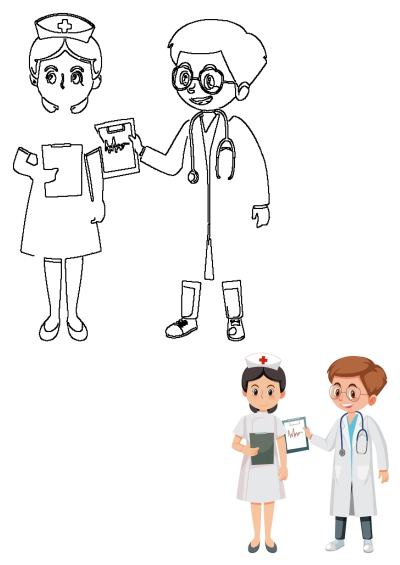 Cartoon illustration of a nurse holding a clipboard and a doctor with a stethoscope, representing healthcare professionals and the medical field.