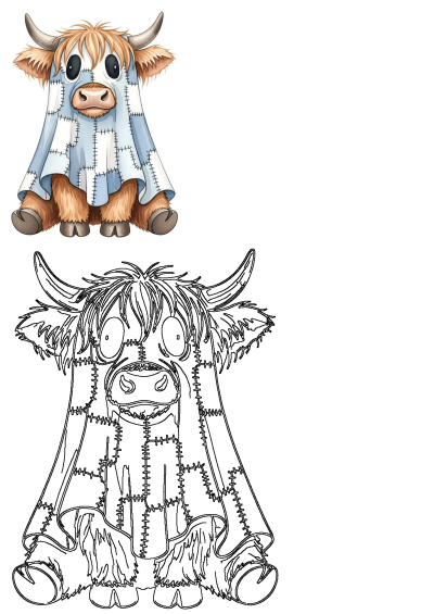 Cartoon cow wearing a blue and white patchwork blanket as a ghost costume, with horns sticking out. Cute halloween cow illustration.