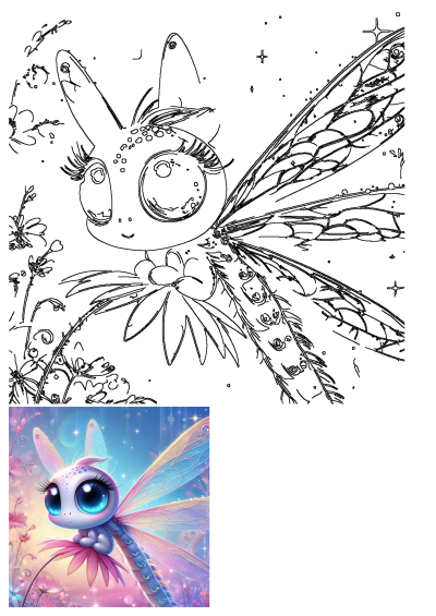 A cute little dragon with big blue eyes, featuring iridescent wings, sits on a pink daisy flower in a dreamy, colorful illustration.