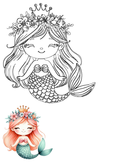 Watercolor illustration of a cute mermaid with a crown, pink hair, and floral accessories. Adorable sea princess art.