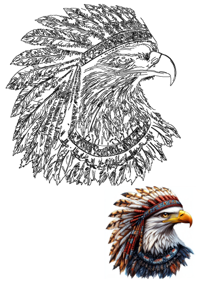 An eagle with feathers wearing a native american style headdress. Detailed illustration with vibrant colors and intricate details.