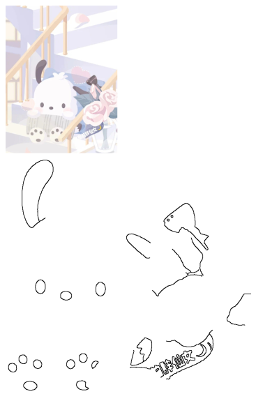 Cartoon cat sitting on the steps surrounded by delicate pink flowers. Cute and whimsical illustration.