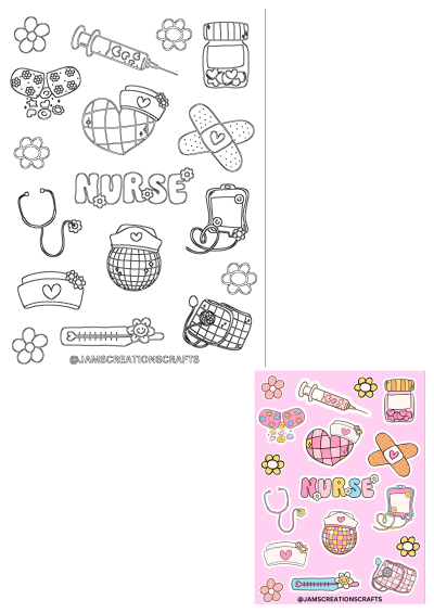 Nurse stickers on a pink background. Features cute medical-themed designs like a stethoscope, syringe, bandages, and flowers. Ideal for healthcare.