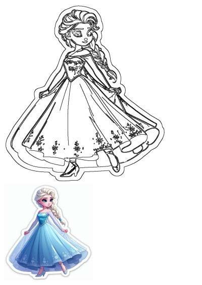 Cartoon illustration of a frozen princess, Elsa, in her iconic blue dress. An image of the elegant character from Frozen.