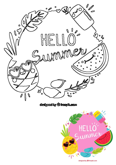 Hello summer illustration with a cute pineapple wearing heart sunglasses, a watermelon slice, and a colorful ice cream popsicle.