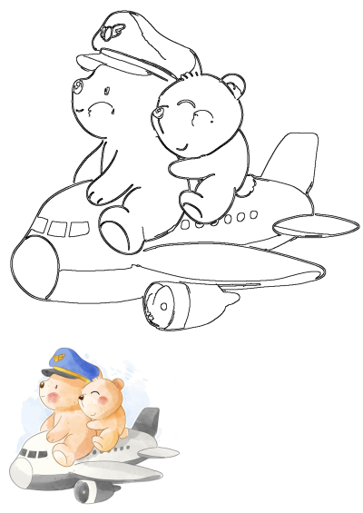 Two teddy bears are sitting on top of a watercolor airplane. Cute illustration of a bear pilot and his passenger flying high in the sky.