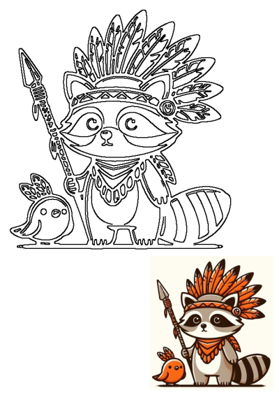 Whimsical raccoon in a feathered headdress holding a spear, alongside an orange bird. Fun artwork for whimsical decor. Racoon cartoon design.