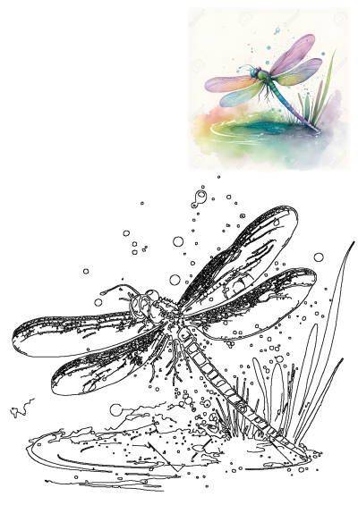 Watercolor drawing of a dragonfly sitting on the edge of a pond with grass. Colorful, artistic illustration.
