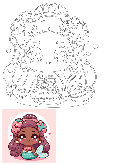 A kawaii style illustration of a cute mermaid with brown skin, a flower crown, and a teal tail, sitting on a pink background with hearts and sparkles.