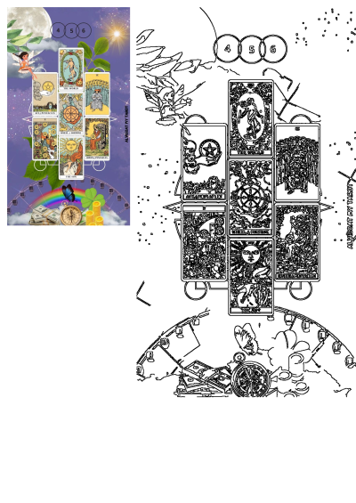 Financial tarot spread features Ace of Pentacles, The World, Wheel of Fortune, The Sun and Queen of Pentacles. Cute cartoon wallpaper style.