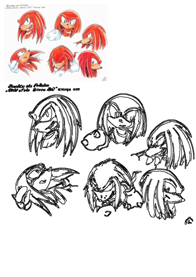 Drawings of Knuckles the Echidna concept art from Sonic the Hedgehog. A collection of sketches showing different expressions.