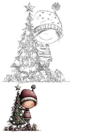 A cheerful elf character with a Santa hat stands beside a decorated Christmas tree, surrounded by festive gifts.