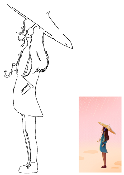 A stylized illustration of a woman in a blue dress standing in the rain, holding a yellow umbrella while she is looking up at the sky,headphones on.