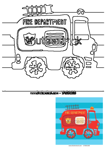 A cute, cartoon-style red fire truck with "Fire Department" written on it, set against a blue striped background. Fun and playful!