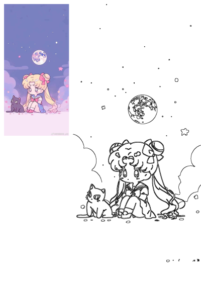 Cute wallpaper image of Sailor Moon sitting next to a black cat under the moon, pink stars are sprinkled in the purple sky.